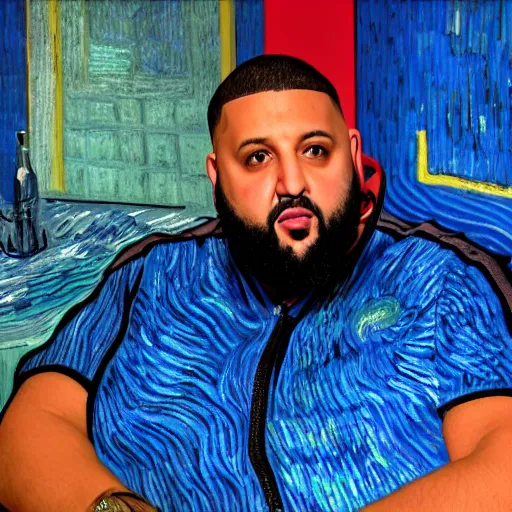 Prompt: ultra detailed portrait photo of dj khaled in a studio, blue, under red and yellow cinematic lighting, by van gogh, cartoon