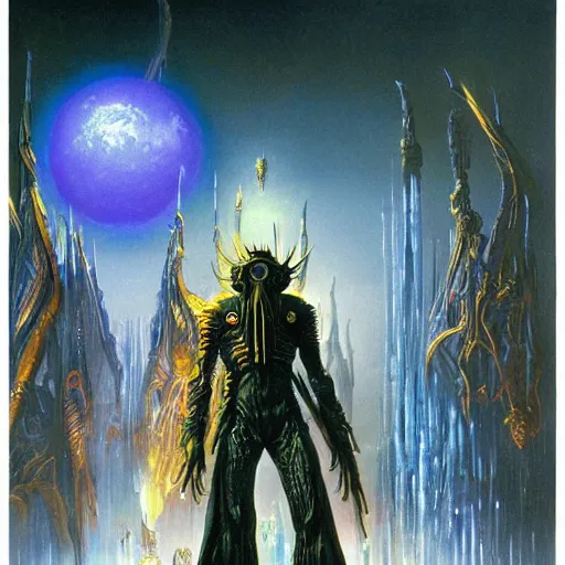 Image similar to sci - fi necromancer, art by bruce pennington