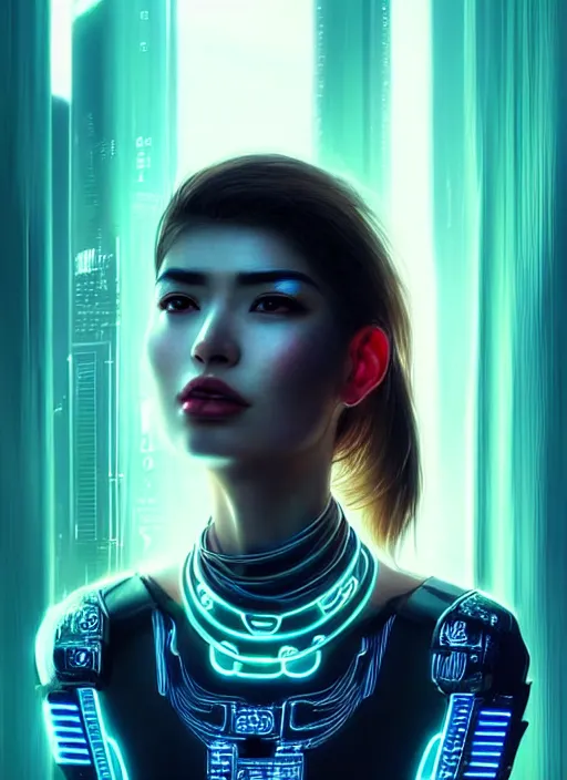 Image similar to photorealistic an oriental female humanoid with freckle cheeks, cyber neon lightings, futurism, cyberpunk high fashion, elegant profile pose, intricate details, crispy quality, digital photography, trending in artstation, trending in pinterest, no watermark signature, cinematic, 4 k ultra hd, art by artgerm, art by greg rutkowski, art by pascal blanche