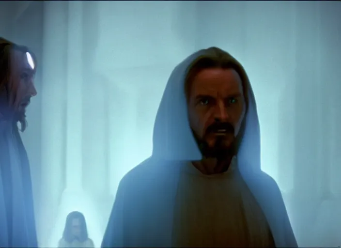 Image similar to screenshot of the force ghost glowing blue spirit of qui gon jinn speaking to Luke skywalker, in a hazy lit ancient Jedi cathedral, screenshot from the 1970s star wars thriller directed by stanley kubrick, Photographed with Leica Summilux-M 24 mm lens, ISO 100, f/8, Portra 400, kodak film, anamorphic lenses