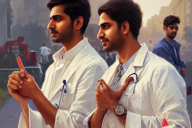 Image similar to Anxious good looking pale young Indian doctors wearing American clothes outside a hospital, portrait, elegant, intricate, digital painting, artstation, concept art, smooth, sharp focus, illustration, art by artgerm and greg rutkowski and alphonse mucha