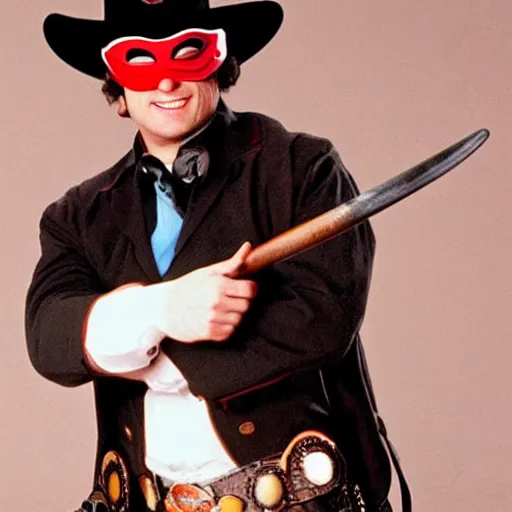 Image similar to Tim Robinson from I think You should Leave, dressed up as the Lone Ranger cowboy outfit and eye mask disguise, photo from the 1990s TV show Hot Shots Megee