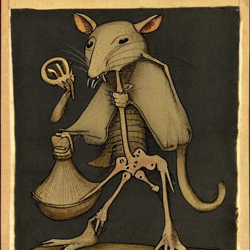 Prompt: anthropomorphic rat with exposed bones wearing dark sorcerer robes
