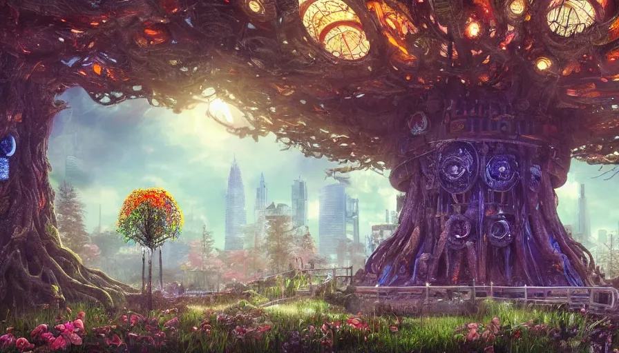 Prompt: ben lo illustration of the largest tree in the world under glass dome, bioshock concept art, solarpunk, hopeful, colorful, flowers, deity, unreal engine, hyper realism, realistic shading, cinematic composition, realistic render, octane render, detailed textures, photorealistic, wide shot