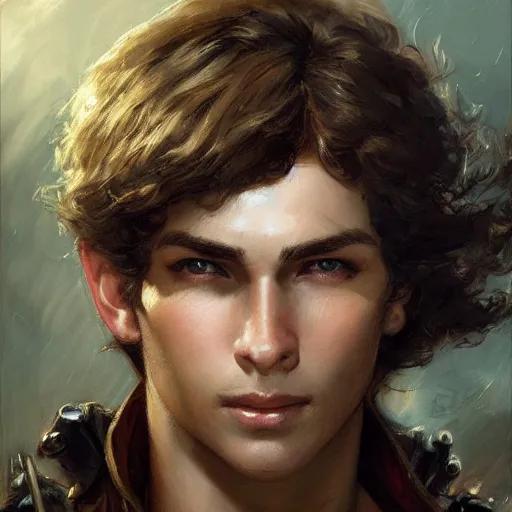Prompt: a brunette young man with short hair, big brown eyes, medium sized nose and stubble as a dnd knight, closeup portrait by gaston bussiere, j. c. leyendecker, craig mullins, symmetry!!, realistic face
