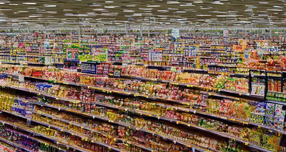 Prompt: a photography of a supermarket full of people by andreas gursky