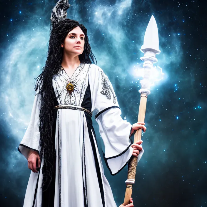 Image similar to professional photograph of a real - life beautiful elemental space witch with ornate white and black robes and staff. extremely detailed. 8 k