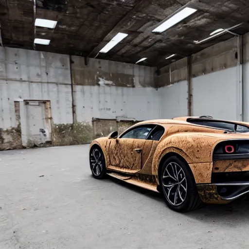 Image similar to an abandoned, derelict, rusty bugatti chiron in a dirty warehouse