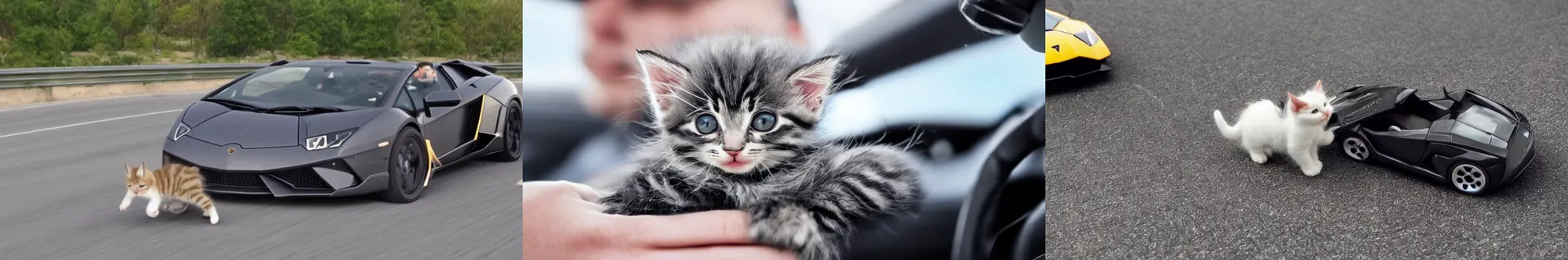 Prompt: Cute kitten driving a Lamborghini on highway, photorealistic