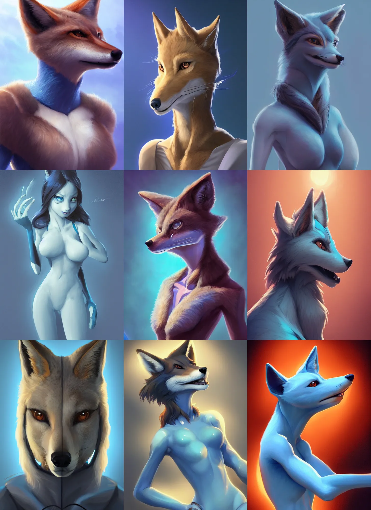 Prompt: beautiful portrait of a female anthropomorphic coyote fursona wearing a skintight blue body suit. detailed hands. character design by charlie bowater, ross tran, artgerm, and makoto shinkai, detailed, soft lighting, rendered in octane