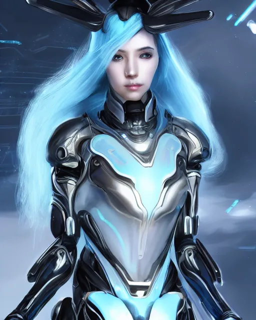 Image similar to perfect android girl on a mothership, warframe armor, beautiful face, scifi, futuristic, galaxy, nebula, raytracing, dreamy, long white hair, blue cyborg eyes, sharp focus, cinematic lighting, highly detailed, artstation, divine, by gauthier leblanc, kazuya takahashi, huifeng huang