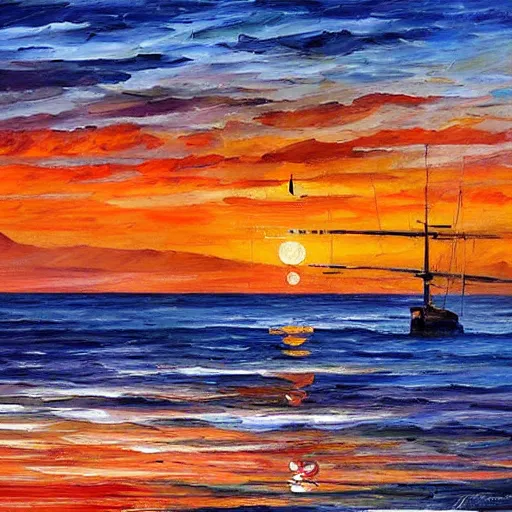 Image similar to rising sun ( ( ( fishing cormorant, fishing boat ) ) ) on the naples bay, by leonid afremov and moebius