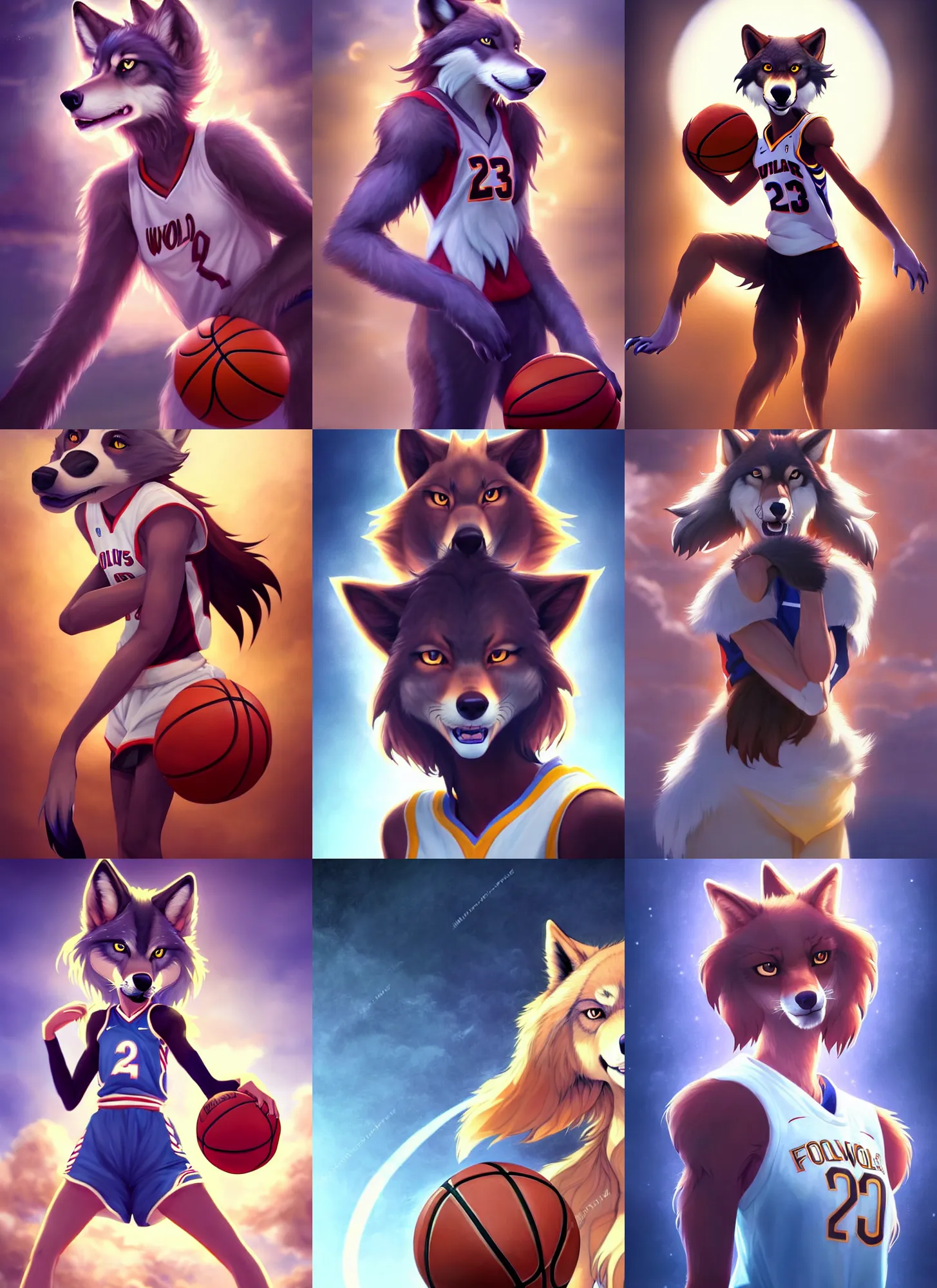 Prompt: beautiful portrait of a female anthropomorphic wolf fursona wearing a basketball uniform. basketball stadium background. character design by disney, charlie bowater, ross tran, artgerm, and makoto shinkai, detailed, soft lighting, rendered in octane