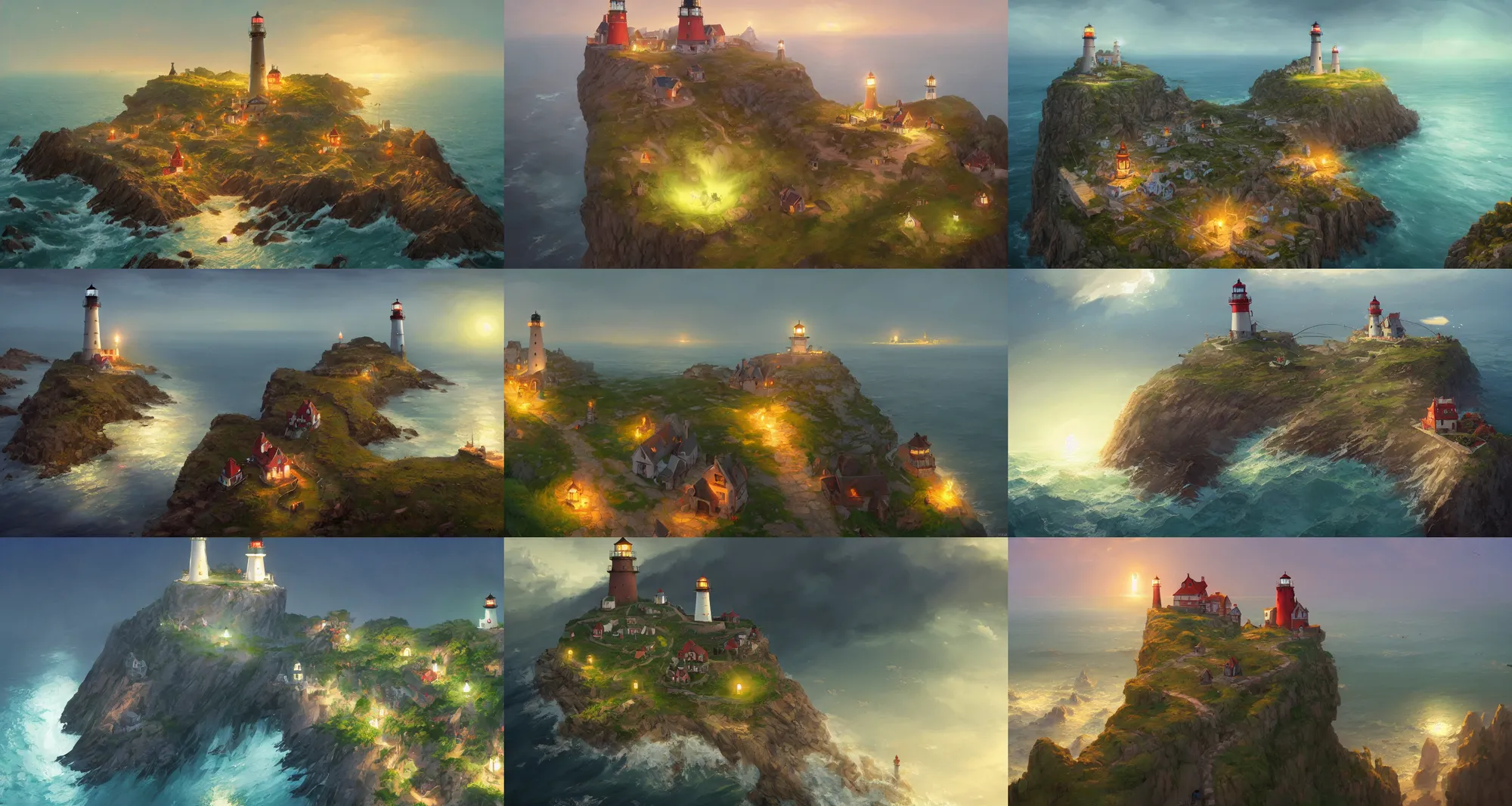 Prompt: Very small fantasy village on a cape with a lighthouse shining with green light, fishing boats, view from above. by Greg Rutkowski, by Jesper Ejsing, by Makoto Shinkai,trending on artstation,concept art,highly detailed,8k