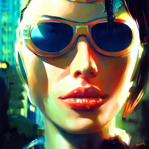 Prompt: a closeup portrait of monica belucci as a cyberpunk protagonist, sunglasses, augmented, dramatic light, city background, sunset, high contrast, sharp, painted by stanley lau, painted by greg rutkowski, painted by stanley artgerm, digital art, trending on artstation