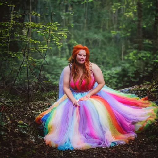 Image similar to a hyperrealistic photo of melynda moon, sitting in a colorful forest during the sunrise, wearing a long rainbow wedding gown