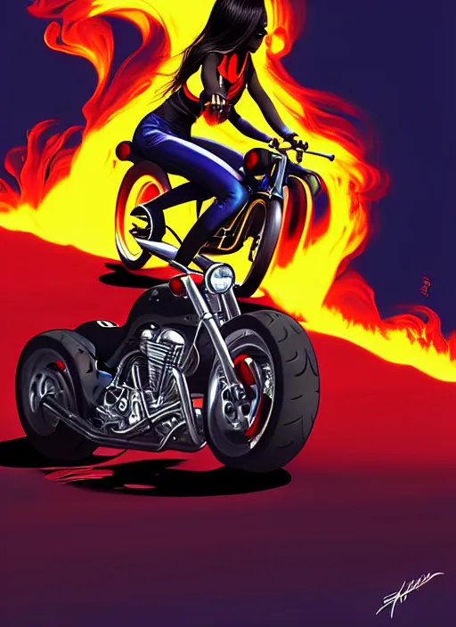 Prompt: a biker chick riding a hotrod muscle car down a street made of fire, digital painting masterpiece, by ilya kuvshinov and rockin jellybean