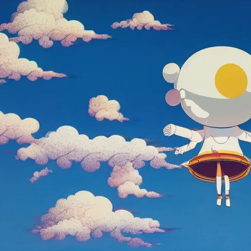 Image similar to a man walking on clouds away from the camera above kyoto by takashi murakami, beeple and james jean, aya takano color style, 4 k, super detailed, modern, 4 k, symmetrical