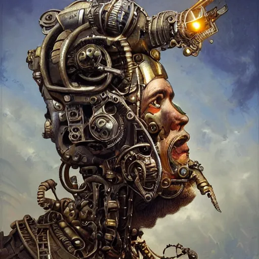 Image similar to low angle shot of a steampunk cyborg by clive barker, intricate, elegant, highly detailed, centered, digital painting, artstation, concept art, smooth, sharp focus, illustration, artgerm, Tomasz Alen Kopera, Peter Mohrbacher donato giancola, Joseph Christian Leyendecker, WLOP, Boris Vallejo.