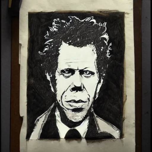 Prompt: tom waits portrait sketch on stained and moldy paper