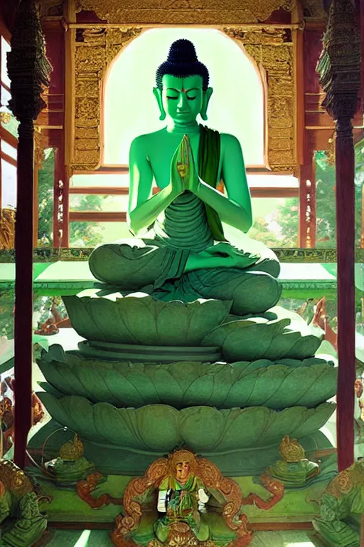 Prompt: buddhism, temple, green clothes, painting by greg rutkowski, j. c. leyendecker, artgerm