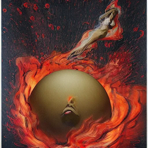 Image similar to a sphere being devoured by abstract splatters of paint in the style of francis bacon, venus being engulfed in flames in the style of james jean, pascal blanche, surreal, beksinski, high detailed