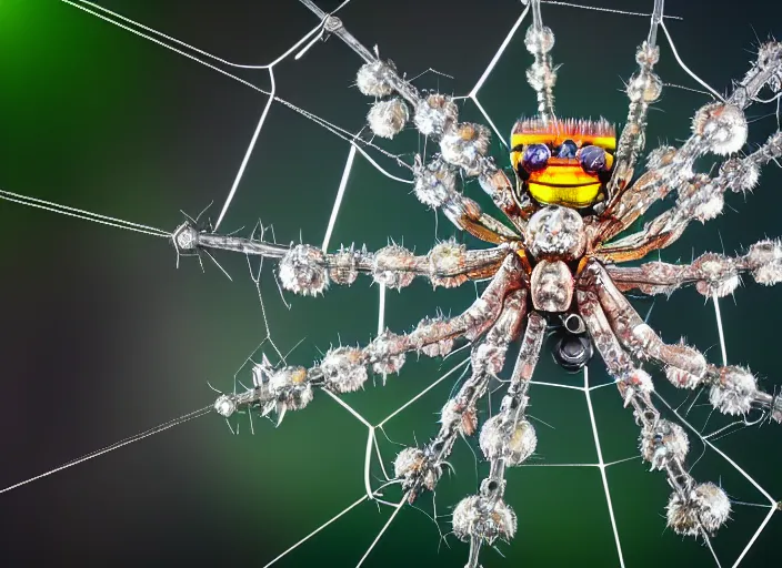 Image similar to photo of a crystal of a crystal mechanical spider in the forest. Fantasy magic style. Highly detailed 8k. Intricate. Nikon d850 55mm. Award winning photography.