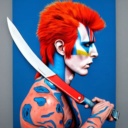 Prompt: Ziggy Stardust holding a Bowie knife, james jean, masterpiece