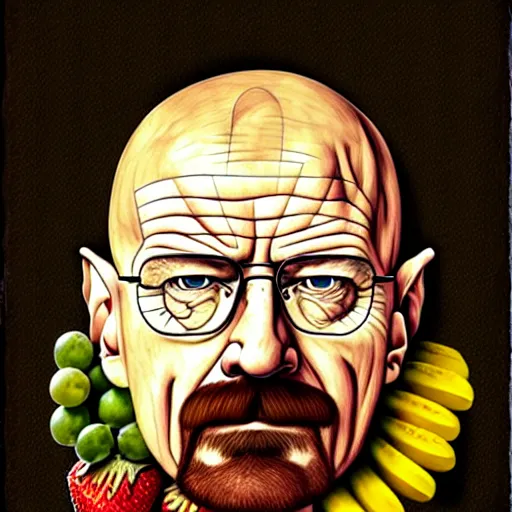 Image similar to walter white in the style of giuseppe arcimboldo, fruits