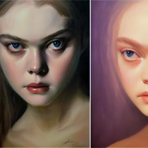 Prompt: ultra realistic portrait painting of elle fanning, dark vibes, art by frank frazetta, 4 k, matte painting, organic painting, geometric shapes, hard edges, ultra realistic, highly detailed, epic lighting