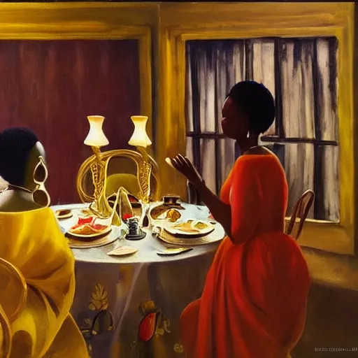 Image similar to dark skinned people eating at a regal buffet ultra detailed beautiful setting elegant event nigerian party minimalist gold ornaments iridescent lighting glamour in the style of edward hooper and henri matisse yinka shonibare oil painting