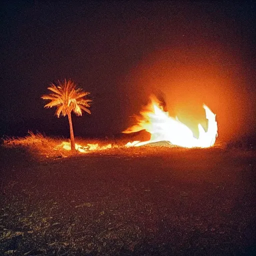 Image similar to “a single burning palm tree at night in a desolate graveyard 🪦 with fiery burning bright embers falling from the night sky. Photograph. Cursed image.”