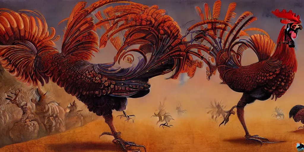 Image similar to digital painting of two mechanical roosters fighting, by wayne barlowe and bob pepper and karl wilhelm de hamilton, dieselpunk, steampunk, highly detailed, intricate, sharp focus, portrait, talons, anatomy, beak, wings