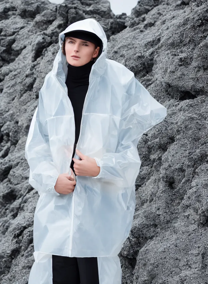 Prompt: an ultra high definition professional studio quality portrait photograph of a model wearing a pastel coloured visor and matching foam raincoat on white in a sheer icelandic black rock environment. three point light. dramatic lighting. volumetric shadows. light rays