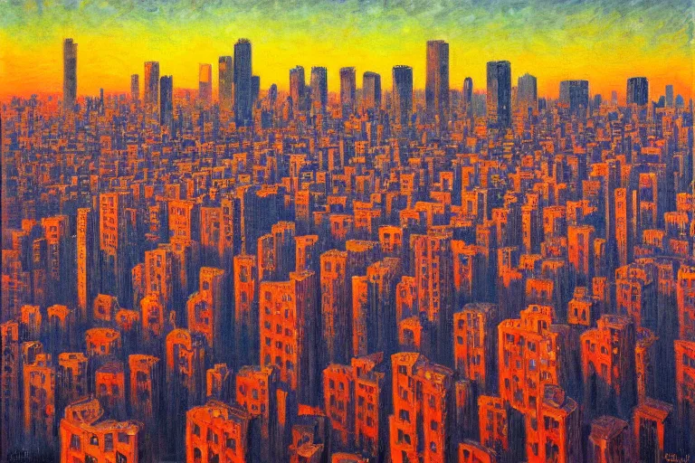 Prompt: inner city skyline at sunset by jeffrey smith, ( monet ), cubism, 3 d depth, oil on canvas, trending art station, masterpiece