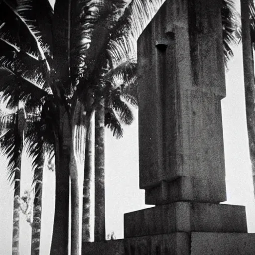 Prompt: lost film footage of a sacred brutalism totem in the middle of the tropical jungle / film still / cinematic / enhanced / 1 9 2 0 s / black and white / grain