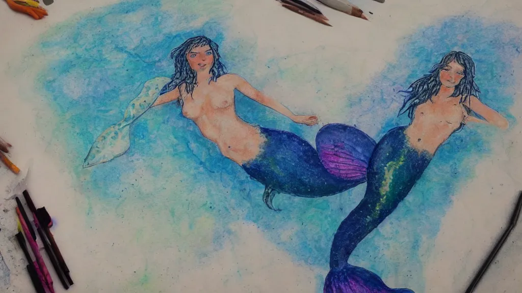 Prompt: a Wet on wet artwork drawing of a mermaid
