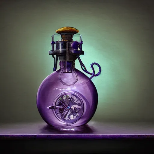 Prompt: a painting of a steampunk potion bottle in purple and blue on a counter in a dark dusty vintage science lab, by h. r. giger, hyperrealistic fantasy art, concept matte, ethereal, dreamy, digital art, trending on artstation, volumetric cinematic lighting