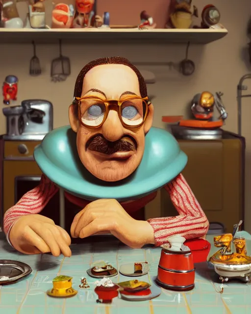 Image similar to highly detailed closeup, face profile portrait of a tin toy robert crumb in a retro 1 9 5 0 s kitchen eating cakes, depth of field, fashion photoshoot by nicoletta ceccoli, mark ryden, lostfish, dan decarlo, bob clampett, max fleischer, breathtaking, detailed and intricate environment, 8 k resolution, hyperrealistic, octane render