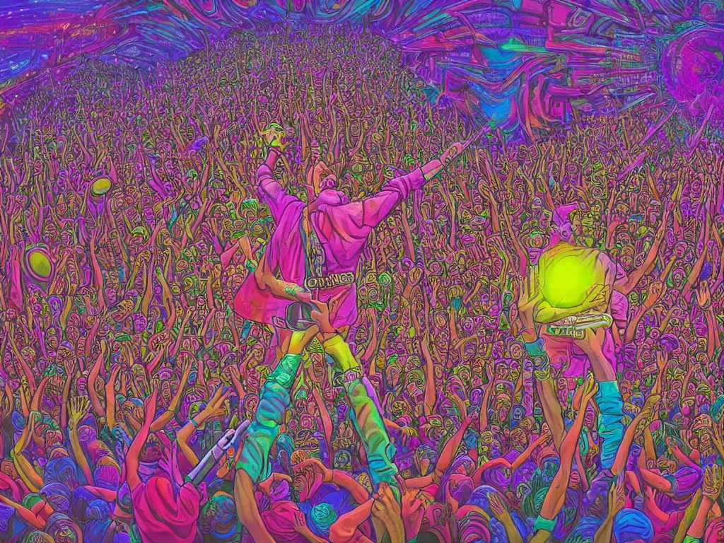 Image similar to rapping on stage at festival, holding microphone, giant crowd, epic angle, happy, psychedelic, hip hop, surreal, neon, vaporwave, detailed, illustrated by Alex Grey, 4k