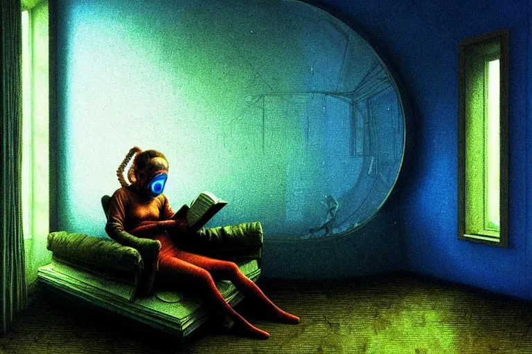 Image similar to girl with wearing a gas mask lying on the sofa reading a book in her room, in the style of beksinski, solarpunk, atmospheric, intricate and epic composition, green by caravaggio, insanely quality, highly detailed, masterpiece, blue light, artstation, 4 k
