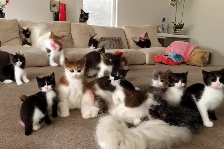 Prompt: a living room full of cute kittens