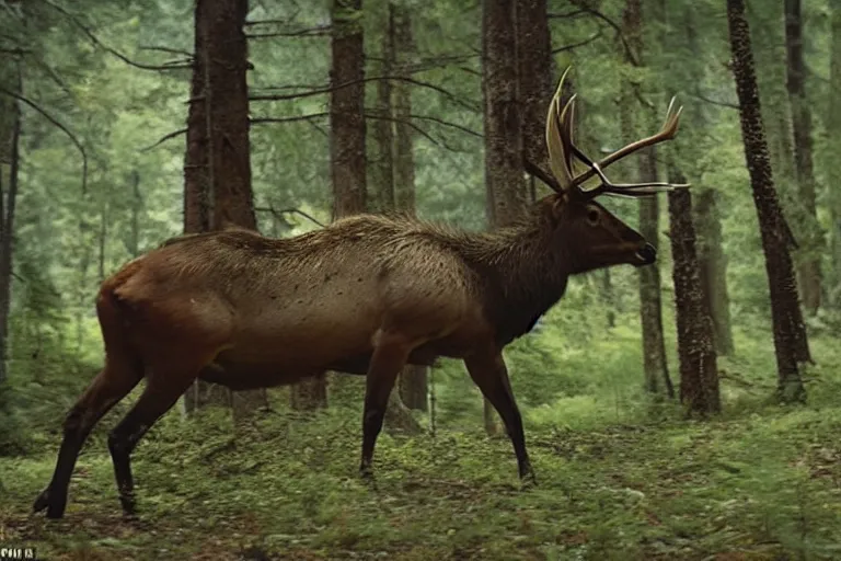 Image similar to vfx movie closeup detailed ancient warrior hunting elk in the forest, natural lighting by emmanuel lubezki