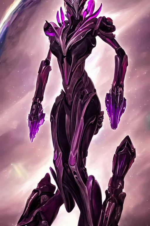 Image similar to galactic hyperdetailed elegant beautiful stunning giantess anthropomorphic mecha saryn prime female warframe goddess, sharp spines, sharp metal ears, smooth purple eyes, smooth fuschia skin, silver armor, bigger than galaxy, epic proportions, epic scale, epic size, warframe destiny fanart, furry, dragon art, goddess art, giantess art, octane render