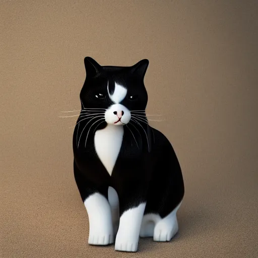 Image similar to black and white tuxedo cat, soft fur, photorealistic 8k highly detailed, rendered in octane 50mm depth of field