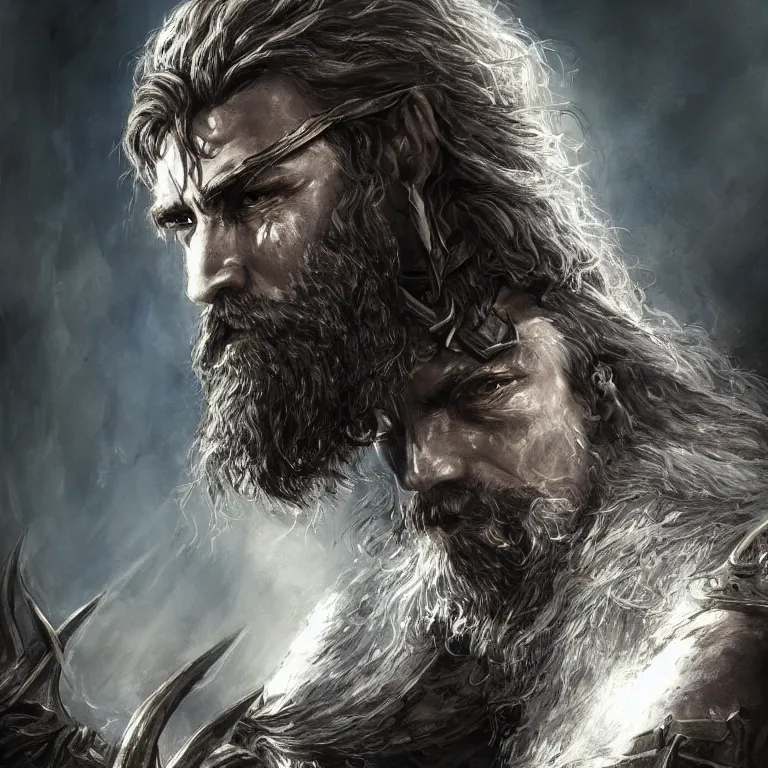 Image similar to fantasy art of a male human warrior, lord of the rings, poster, finely detailed face delicate features, black full beard, full body, realistic, sharp focus, 8 k high definition, insanely detailed, intricate, elegant, character portrait, portrait, close up, concept art