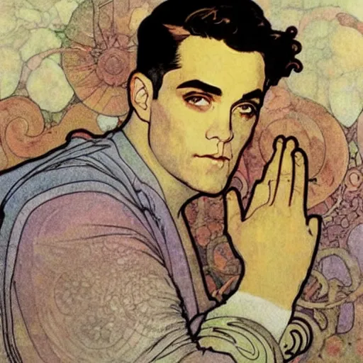 Prompt: robbie williams art by mucha.