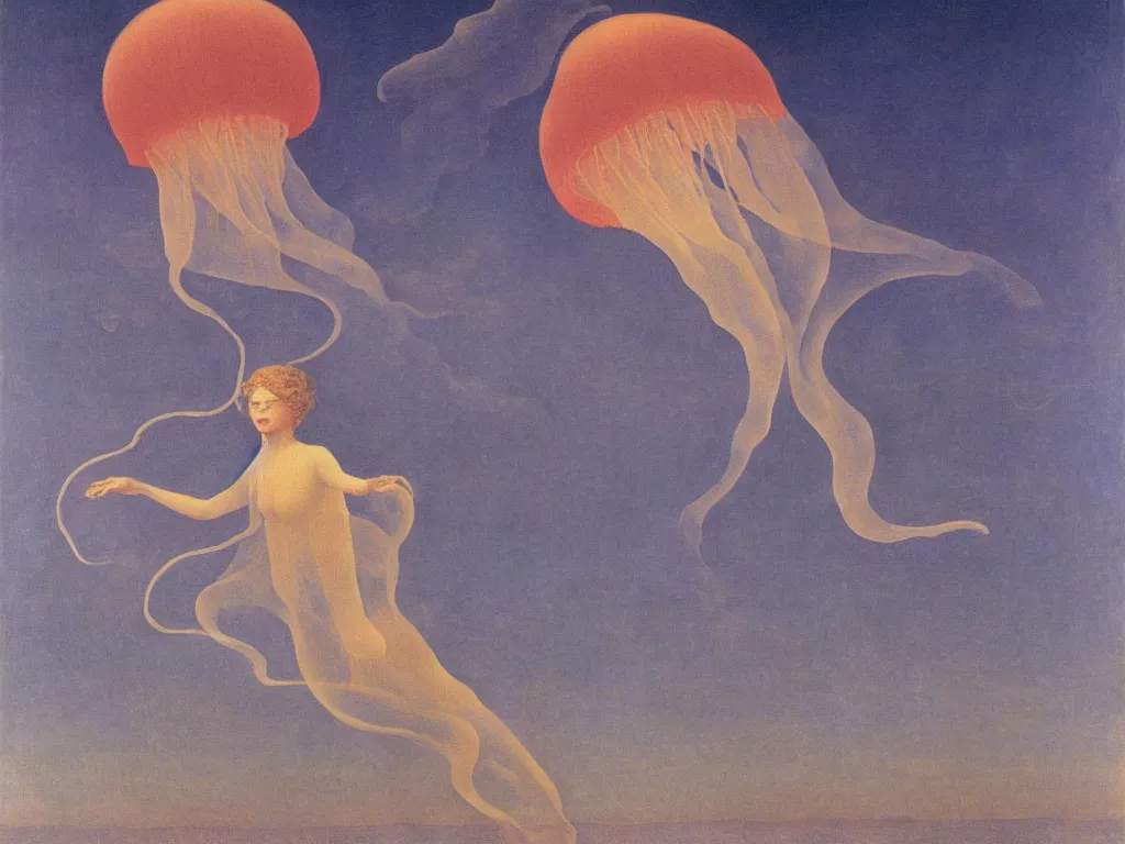 Image similar to Woman inside a jellyfish floating in the sky. Obsidian hills. Rene Magritte, Jean Delville, Max Ernst, Maria Sybilla Merian