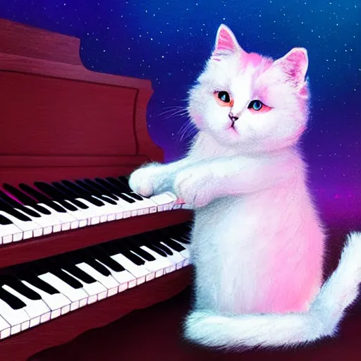 Image similar to an fluffy cat playing an piano, synthwave, digital art, oil painting, 3 d