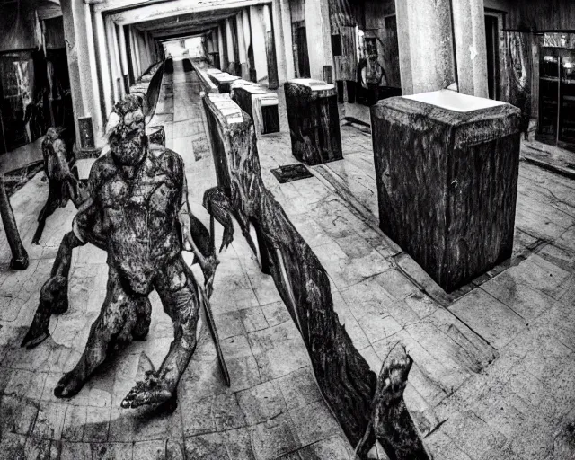 Prompt: camera footage of a several weeping angels, False Human Features, Phasing through walls and floor in an abandoned shopping mall, Psychic Mind flayer, Terrifying, Insanity :7 , high exposure, dark, monochrome, camera, grainy, CCTV, security camera footage, timestamp, zoomed in, Feral, fish-eye lens, Fast, Radiation Mutated, Nightmare Fuel, Ancient Evil, No Escape, Motion Blur, horrifying, lunging at camera :4 bloody dead body, blood on floors, windows and walls :5